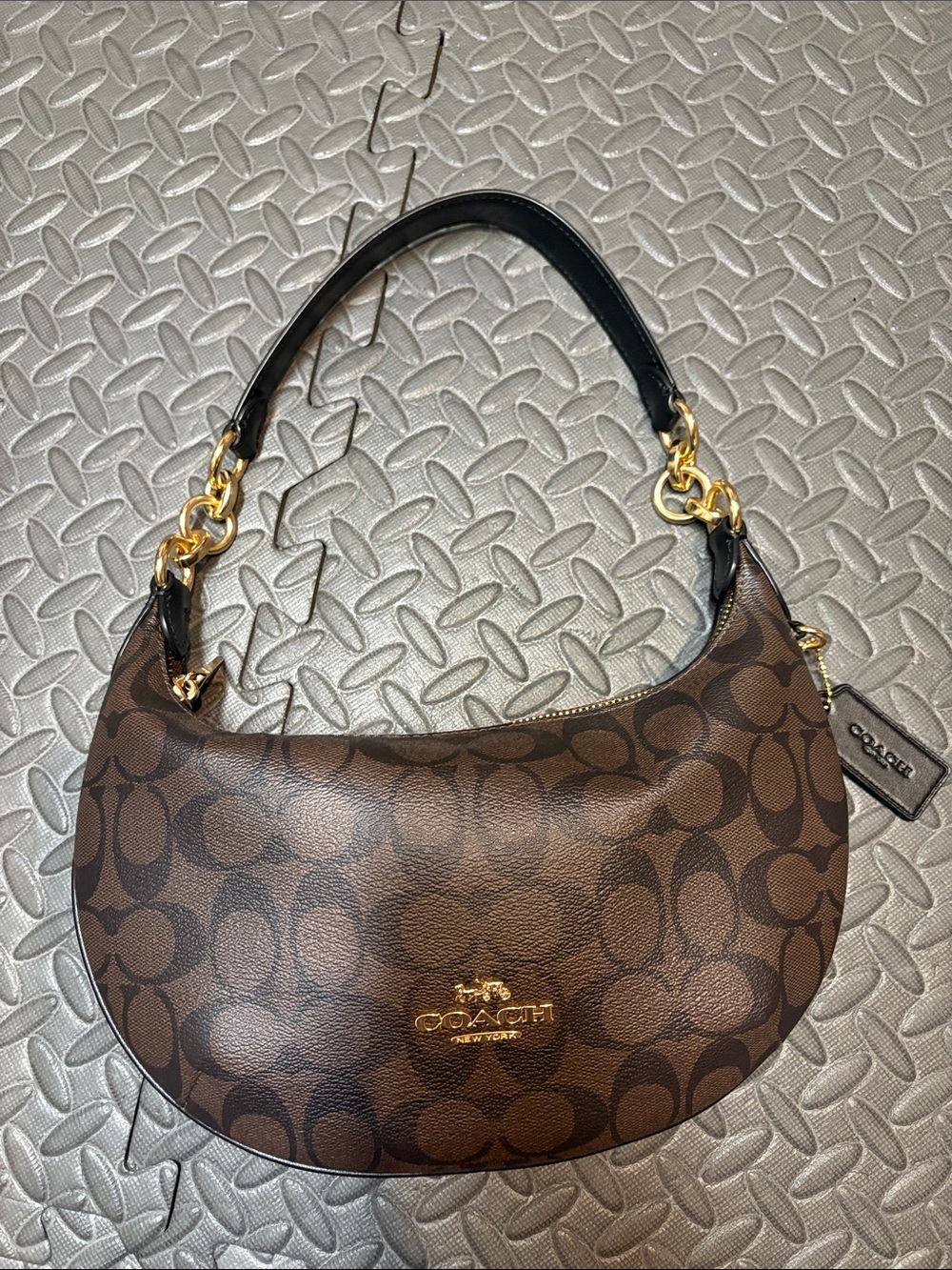 Coach Brown Signature Payton Shoulder Bag with Black Handle and Gold Hardware